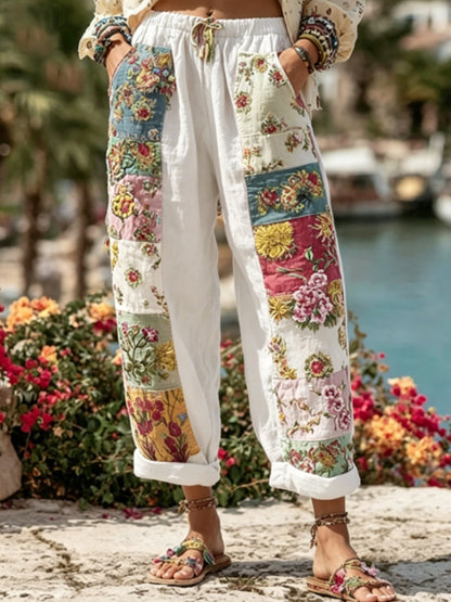 Women's Bohemian Floral Embroidery Art Contrast Color Linen Blend Casual Pants