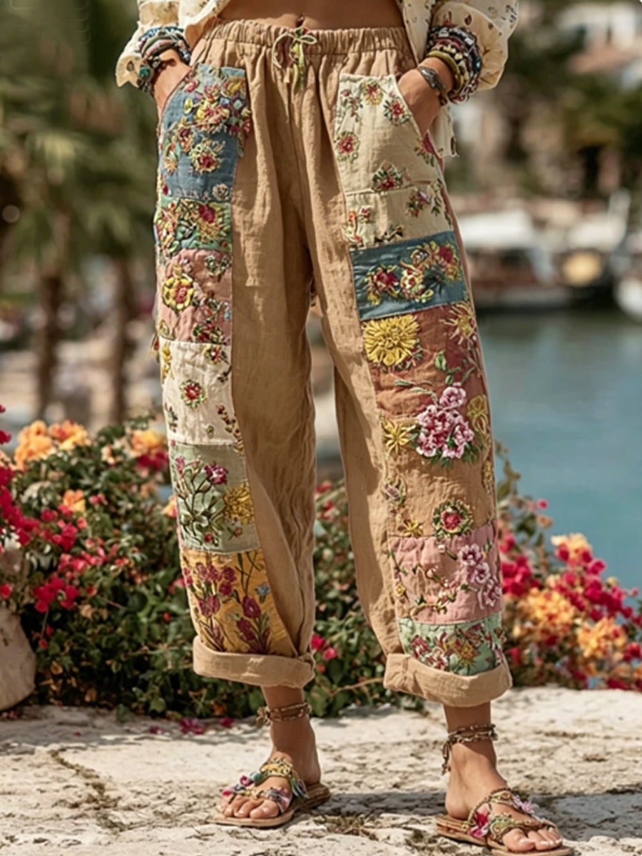 Women's Bohemian Floral Embroidery Art Contrast Color Linen Blend Casual Pants