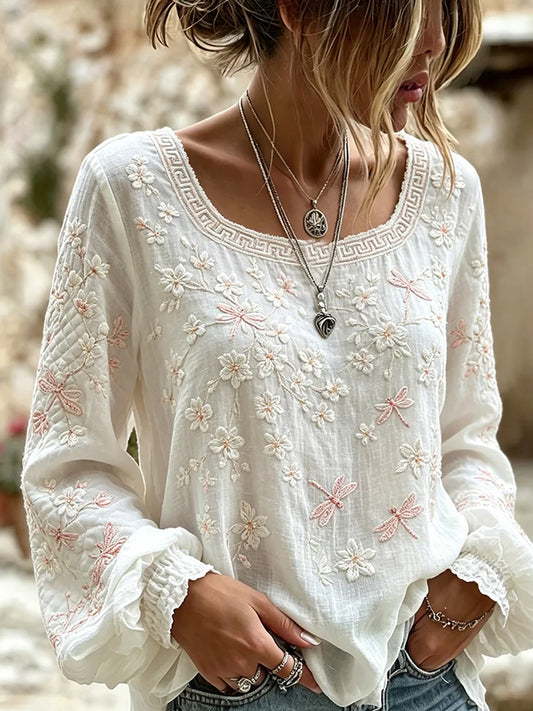 Women's Vintage Floral Art Print Casual Cotton-Linen Top