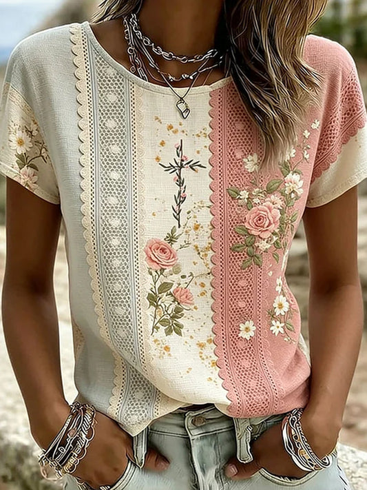 Retro Floral Art Print Casual Cotton-Linen T-Shirt