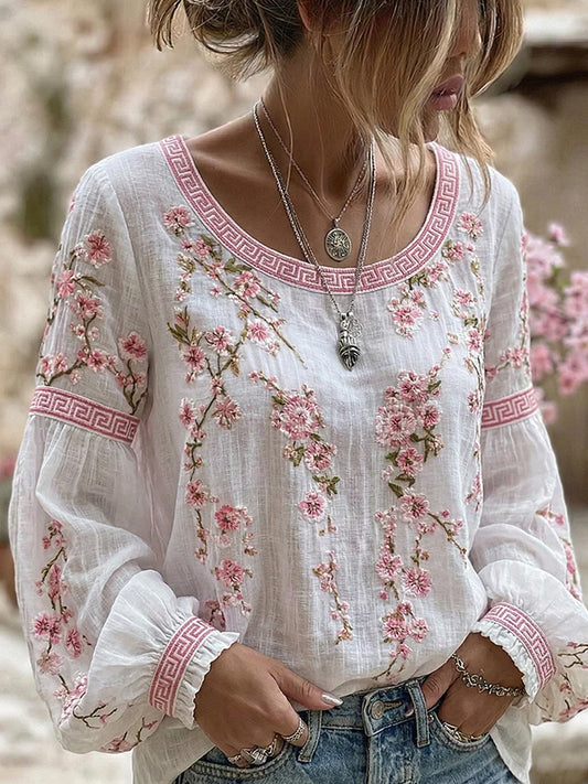 Women's Vintage-Style Casual Cotton-Linen Top with Embroidered Floral and Printed Patchwork