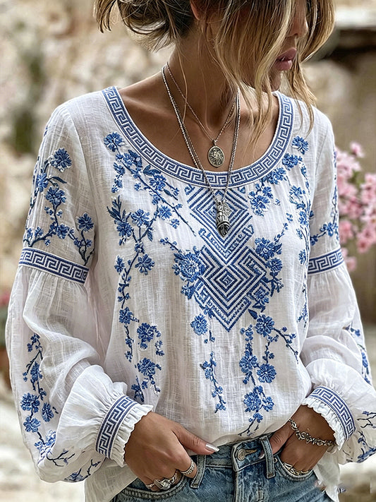 Women's Vintage Floral Art Print Casual Cotton-Linen Top