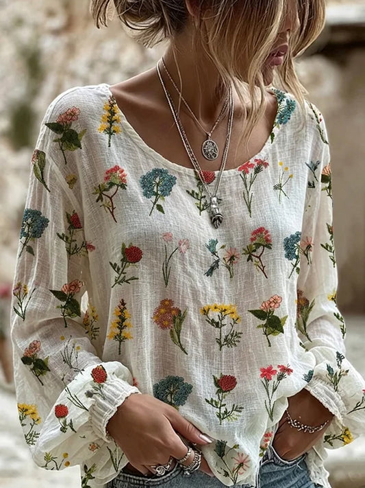 Women's Vintage Floral Art Print Casual Cotton-Linen Top