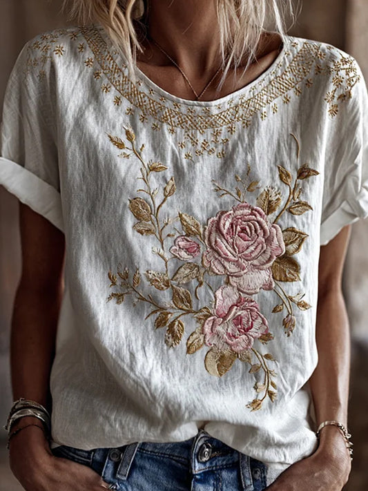 Retro Floral Art Print Casual Cotton-Linen T-Shirt