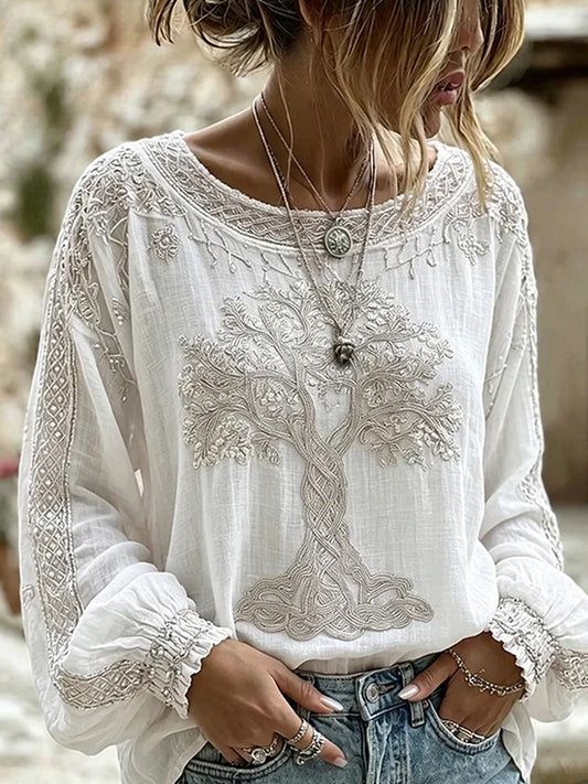 Women's Vintage Floral Art Print Casual Cotton-Linen Top