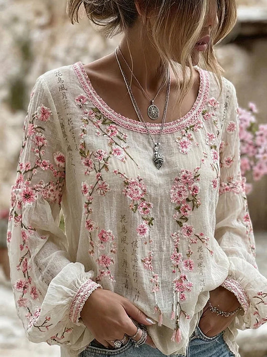 Retro Floral Art Print Casual Cotton-Linen Top