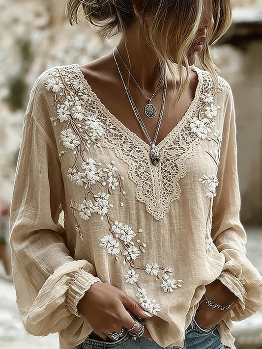 Women's Vintage-Style Casual Cotton-Linen Top with Embroidered Floral and Printed Patchwork