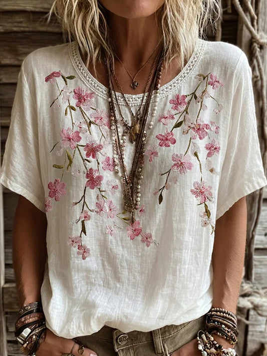 Women's Vintage Floral Art Print Casual Cotton-Linen Top