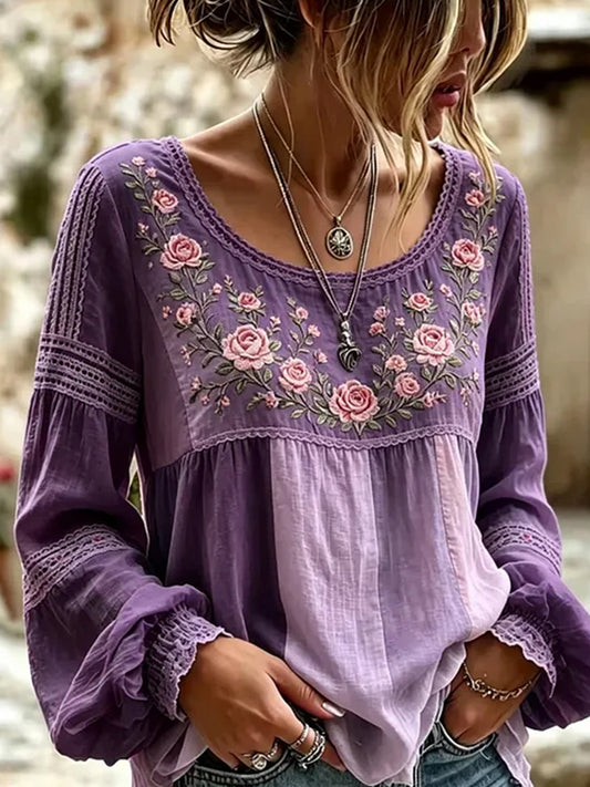 Retro Floral Art Print Casual Cotton-Linen Top