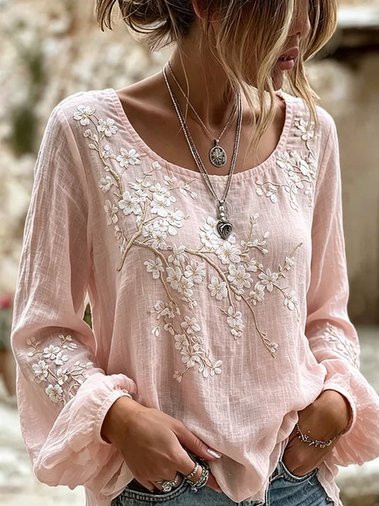 Women's Vintage Floral Art Print Casual Cotton-Linen Top