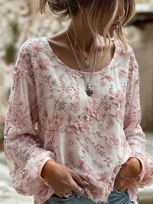 Women's Vintage Floral Art Print Casual Cotton-Linen Top