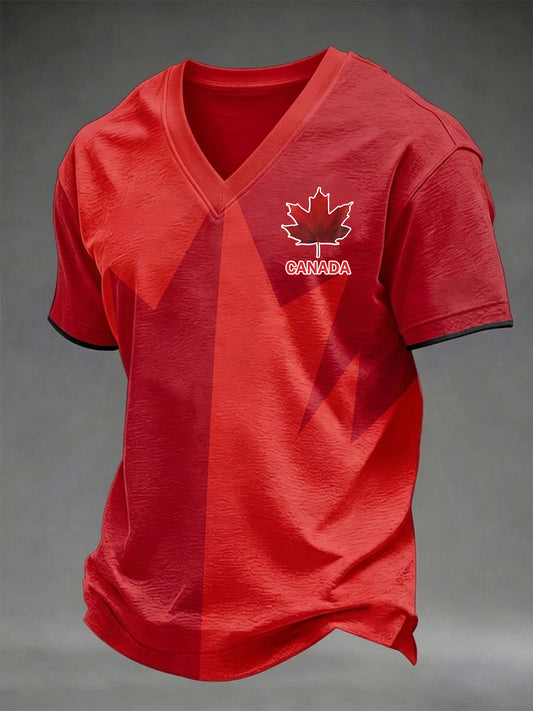 Men's Canadian Maple Leaf Print Casual V-Neck Tee