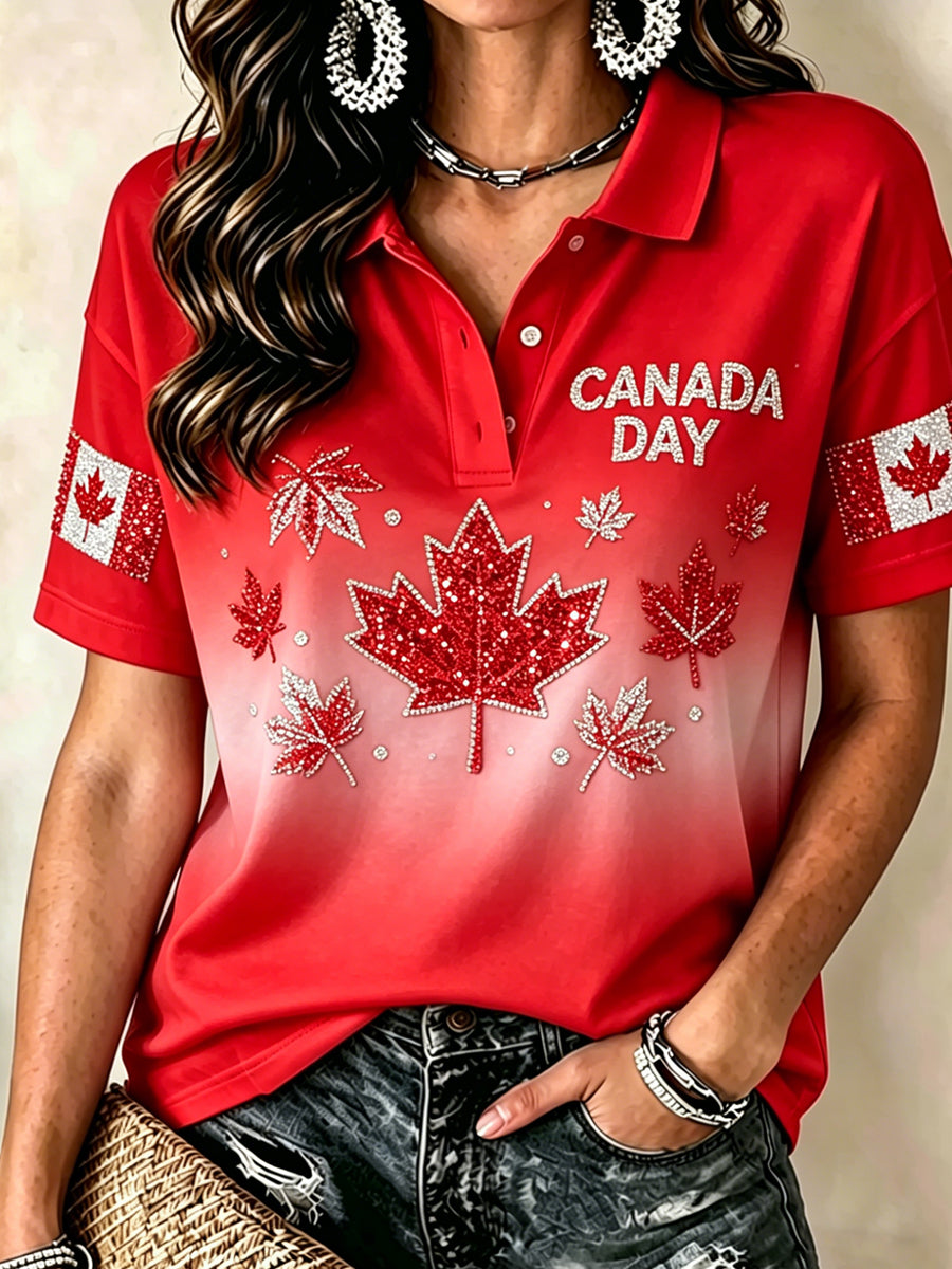 Women's Canada Day Print Polo Collar Casual Short Sleeved Shirt