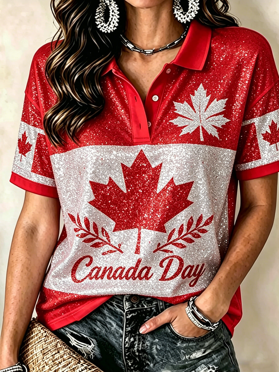 Women's Canadian Day Print Short Sleeve Polo Shirt