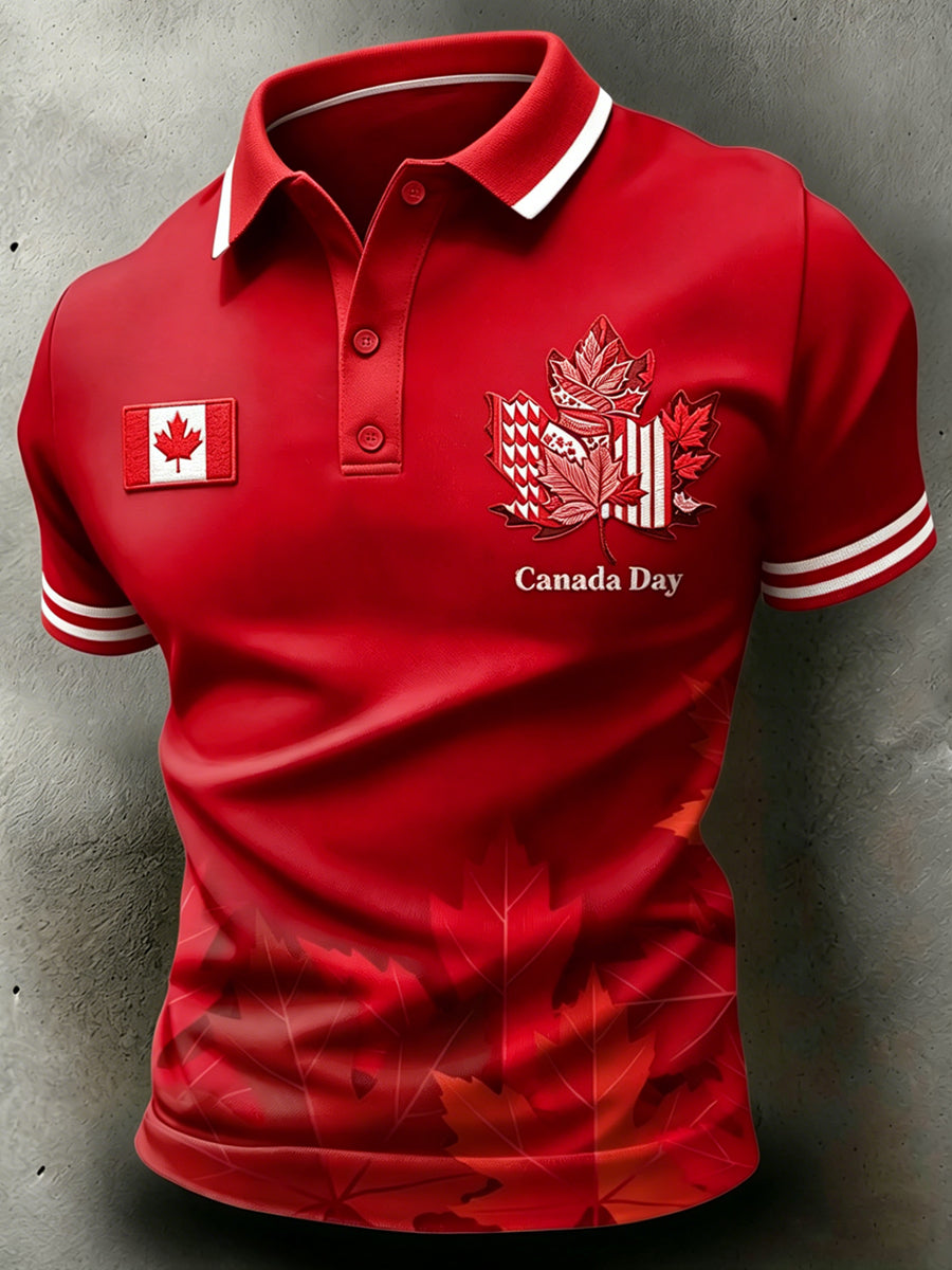 Men's Canada Day Print Polo Collar Casual Short Sleeved Shirt
