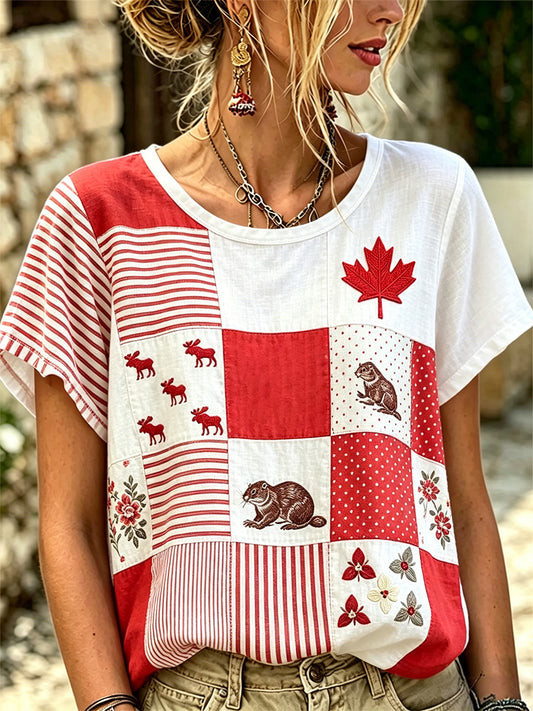 Women's Maple Leaf Checkered Print Casual Tee