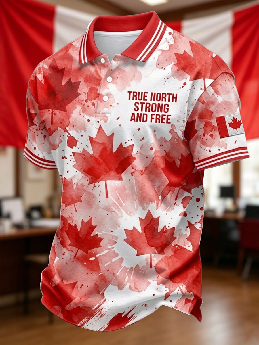 Men's Canadian Maple Leaf True North Strong And Free Print Casual Polo