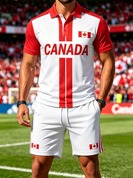 Men's Canada Soccer Print Polo Collar Casual Short Sleeved Set