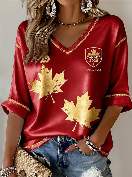 Women's Retro Canada 2026 Soccer Commemorative Casual V-Neck T-Shirt
