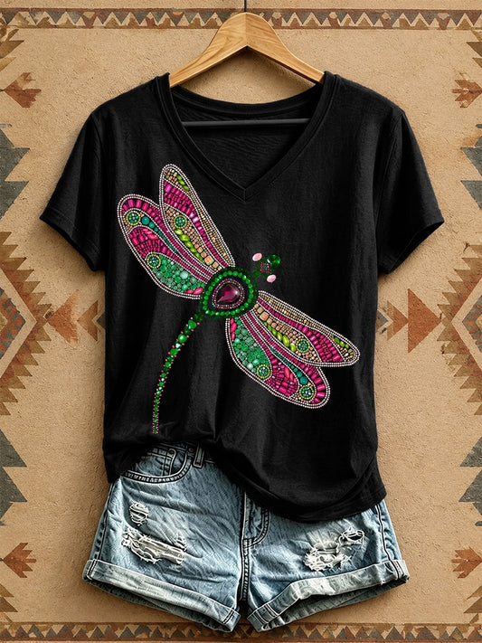 Women's Dragonfly Rhinestone Pattern V-Neck T-Shirt