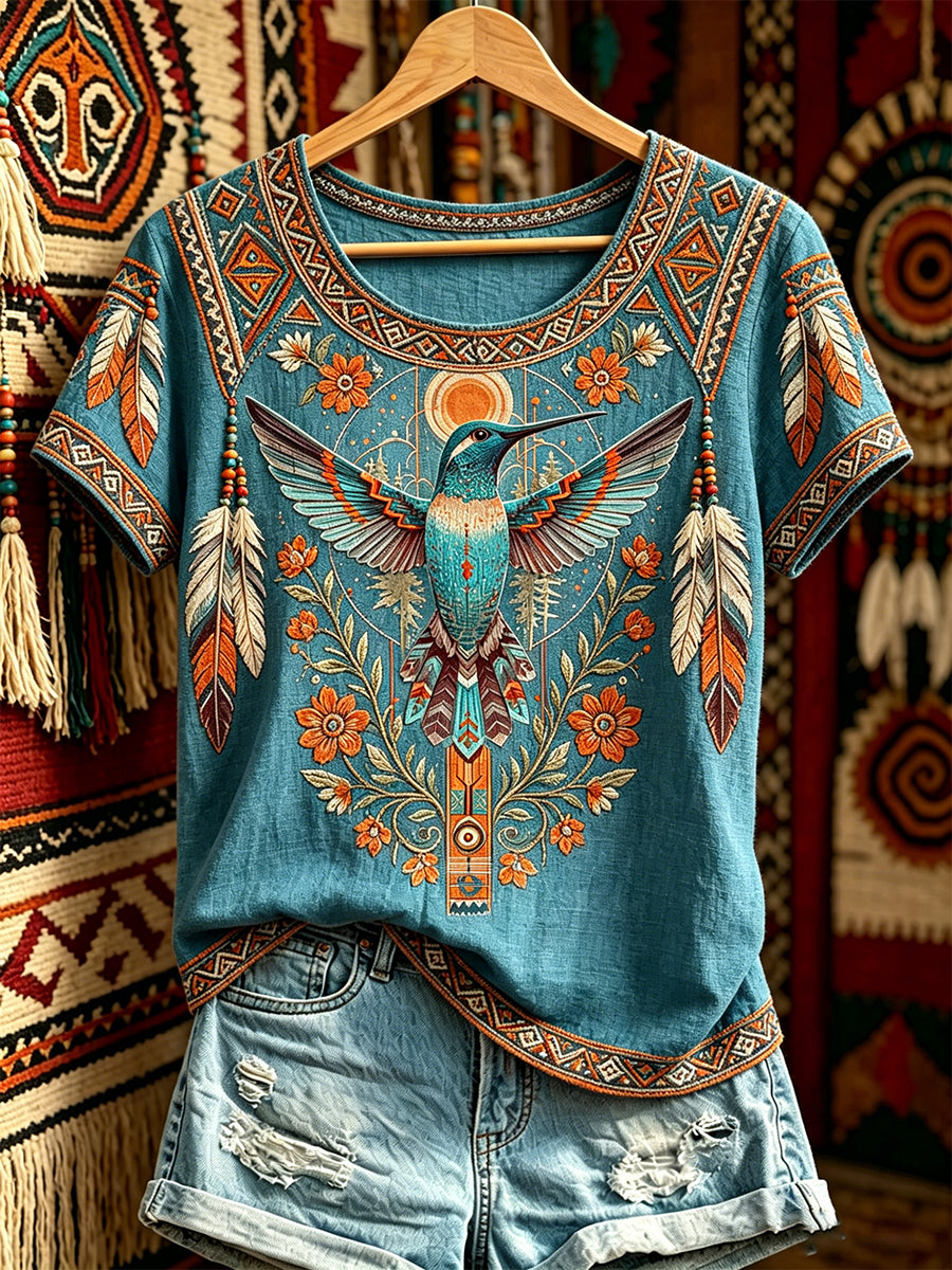 Women's Casual T-Shirt with North American Indigenous Bird Totem Design