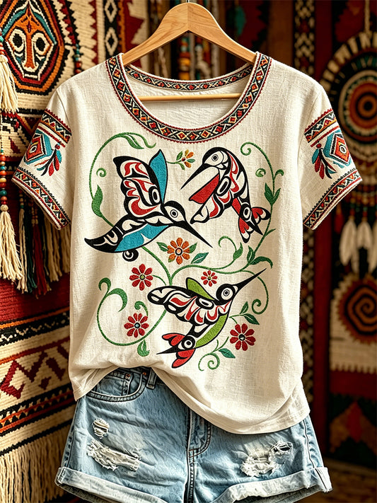 Women's Casual T-Shirt with North American Indigenous Birds Totem Design