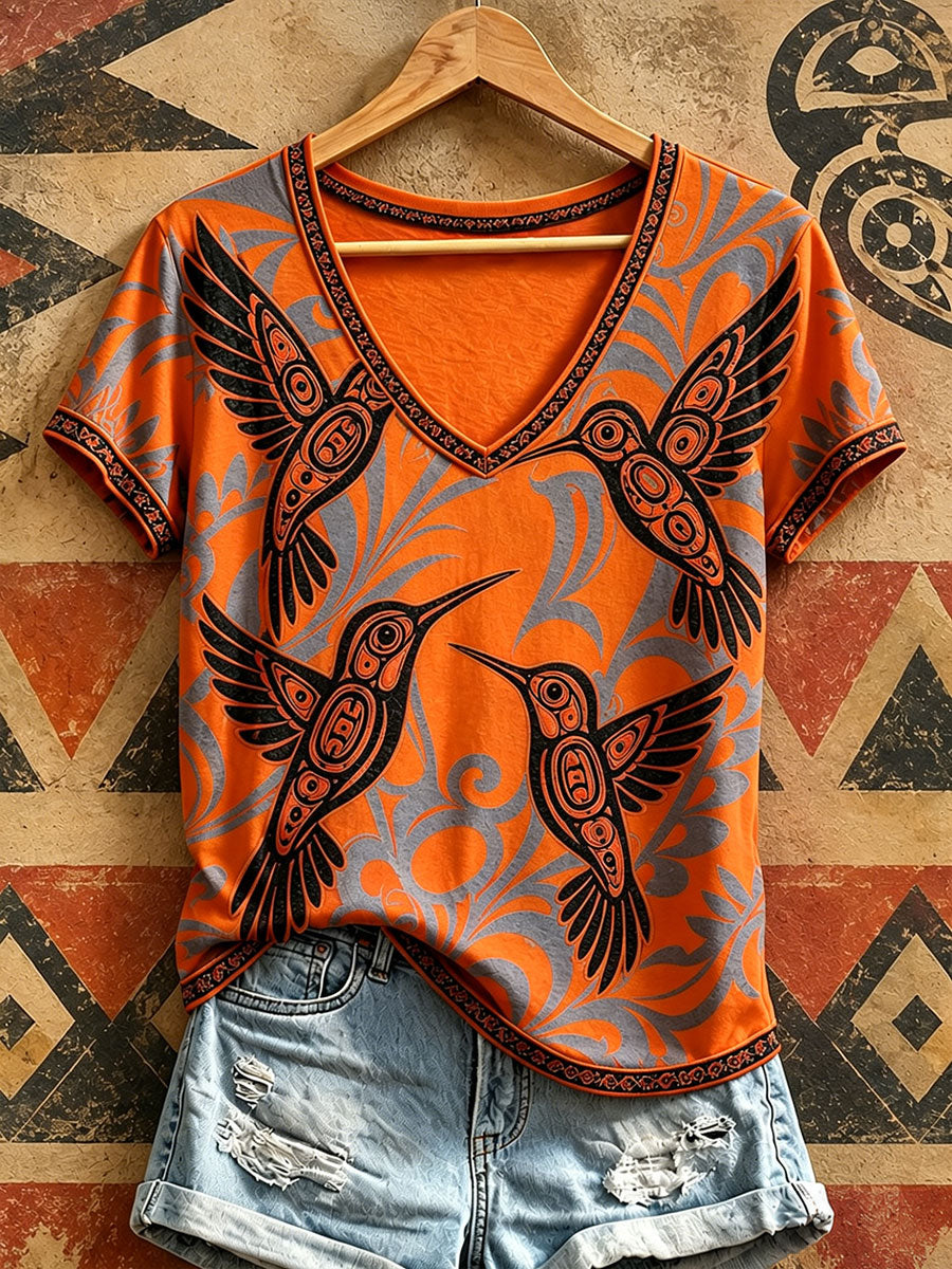 Women's Indigenous Hummingbird Art V-Neck T-Shirts