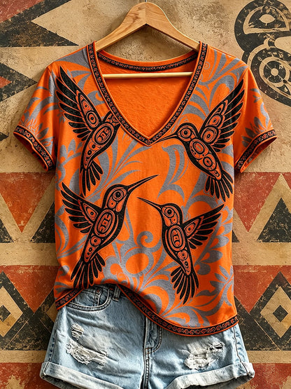 Women's Indigenous Hummingbird Art V-Neck T-Shirts