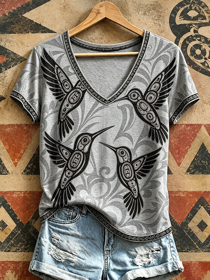 Women's Indigenous Hummingbird Art V-Neck T-Shirts