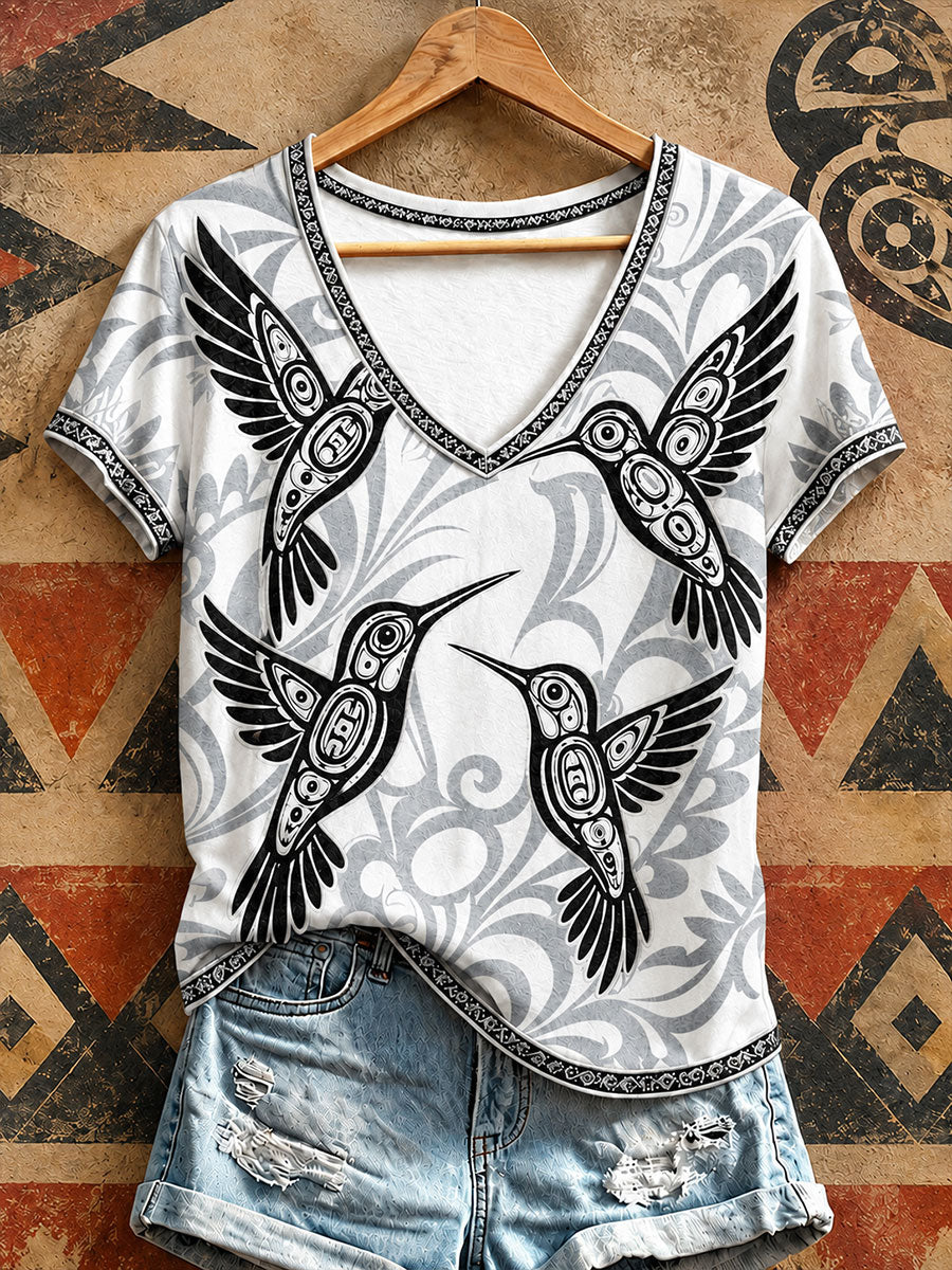 Women's Indigenous Hummingbird Art V-Neck T-Shirts