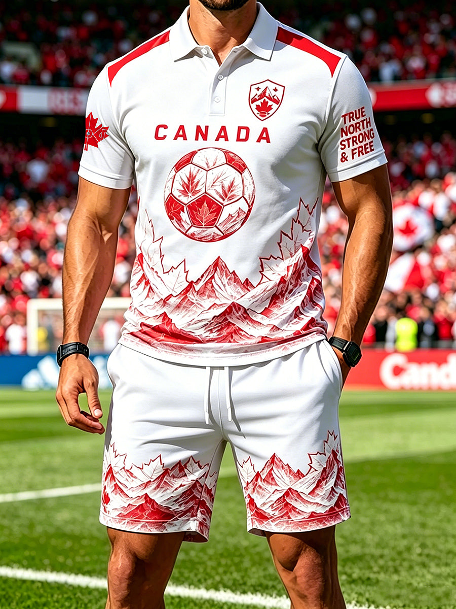 Men's Canada Soccer Print Polo Collar Casual Short Sleeved Set