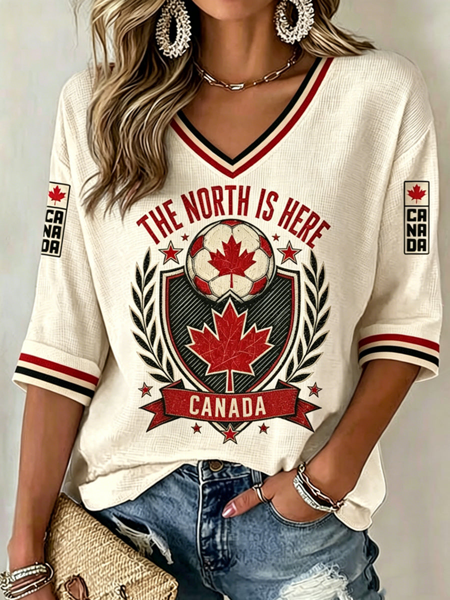 Women's V-neck Mid-Sleeve Canada Soccer Printed Casual T-shirt