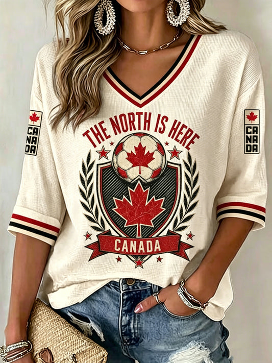 Women's V-neck Mid-Sleeve Canada Soccer Printed Casual T-shirt