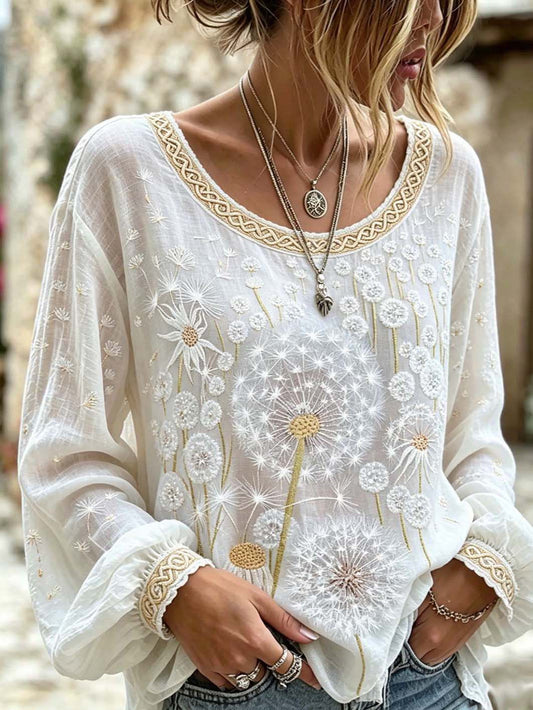 Women's flower pattern printed casual cotton and linen shirt