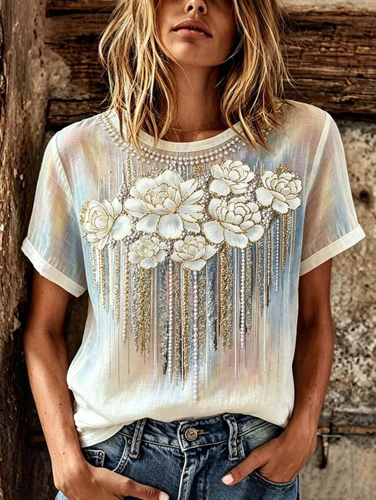 Women's flower pattern printed casual cotton and linen short-sleeved T-shirt