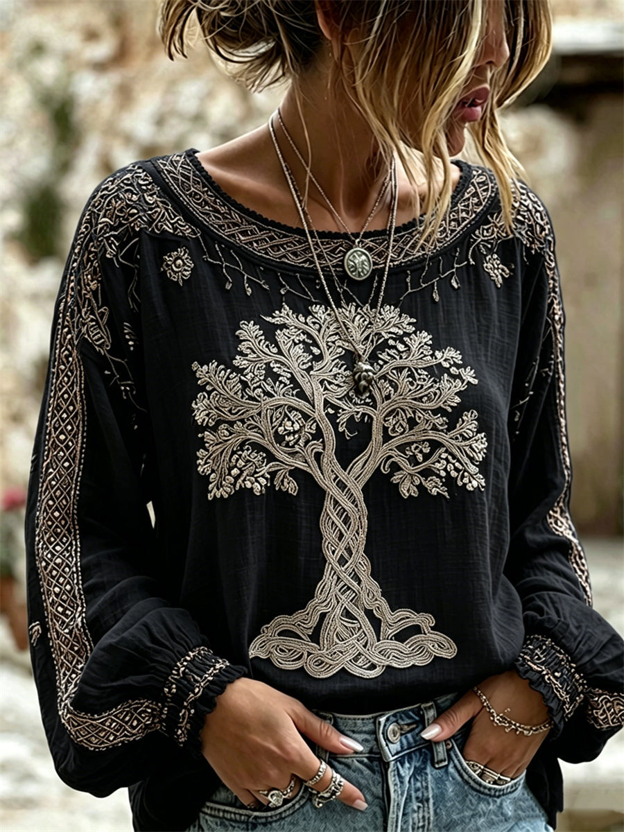 Women's Vintage Viking Tree of Life Print Cotton-Linen Shirt