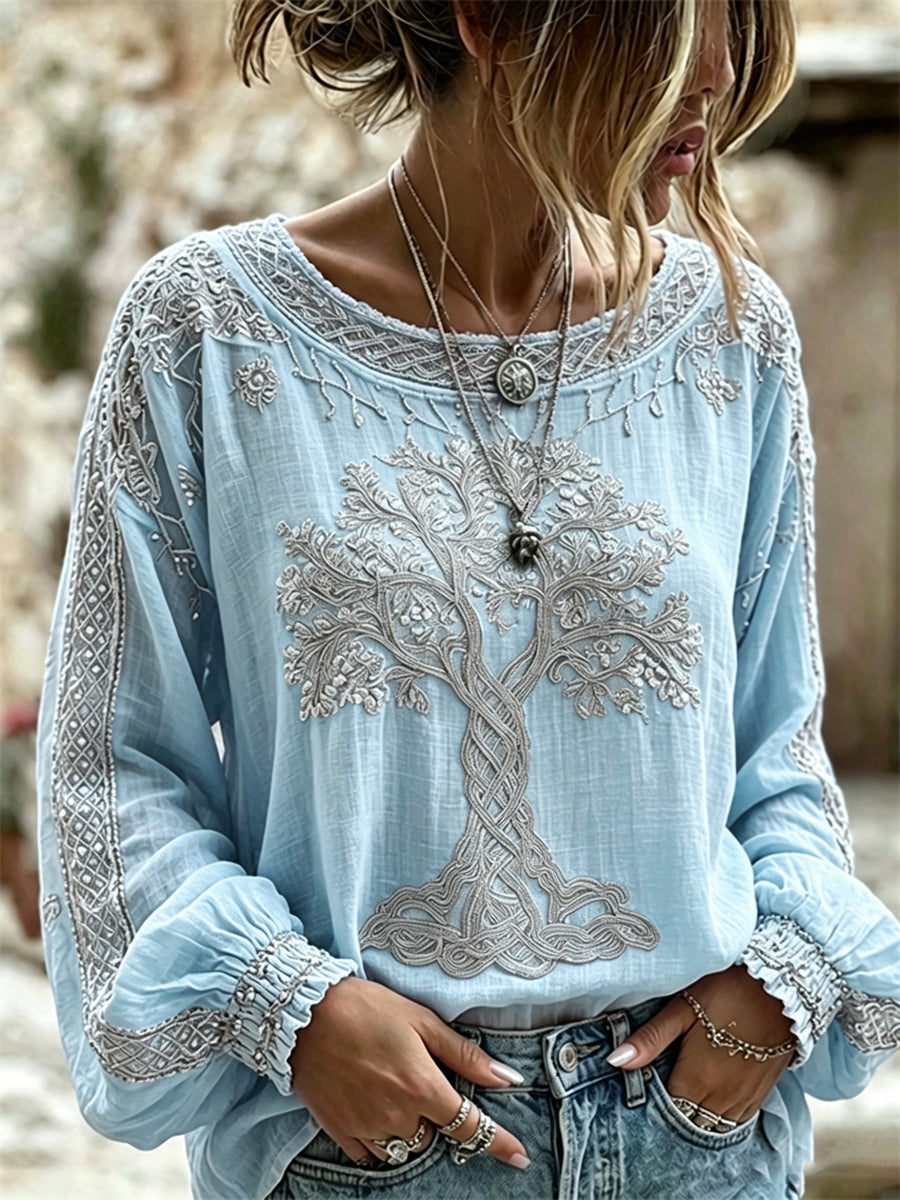 Women's Vintage Viking Tree of Life Print Cotton-Linen Shirt