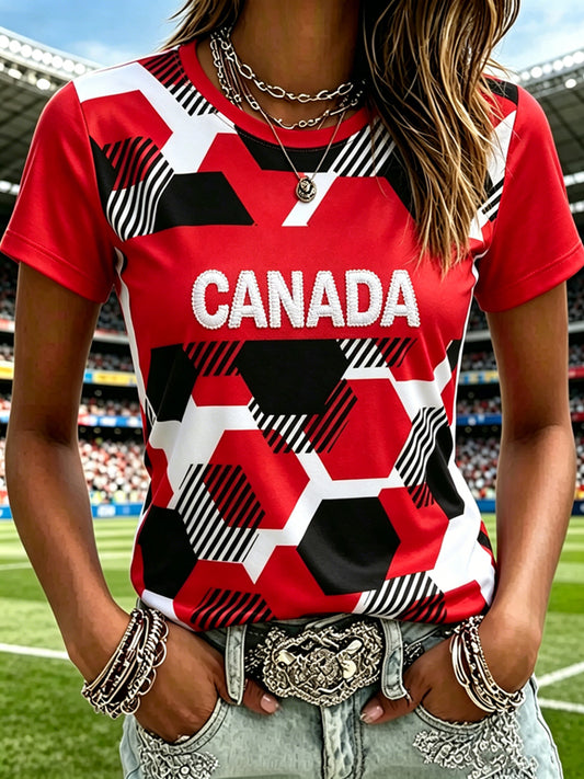 Women's Canada Soccer Printed Vintage Fashion Loose Short Sleeve T-Shirt