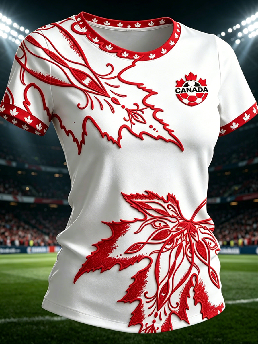 Women's Canada Soccer Printed Vintage Fashion Loose Short Sleeve T-Shirt