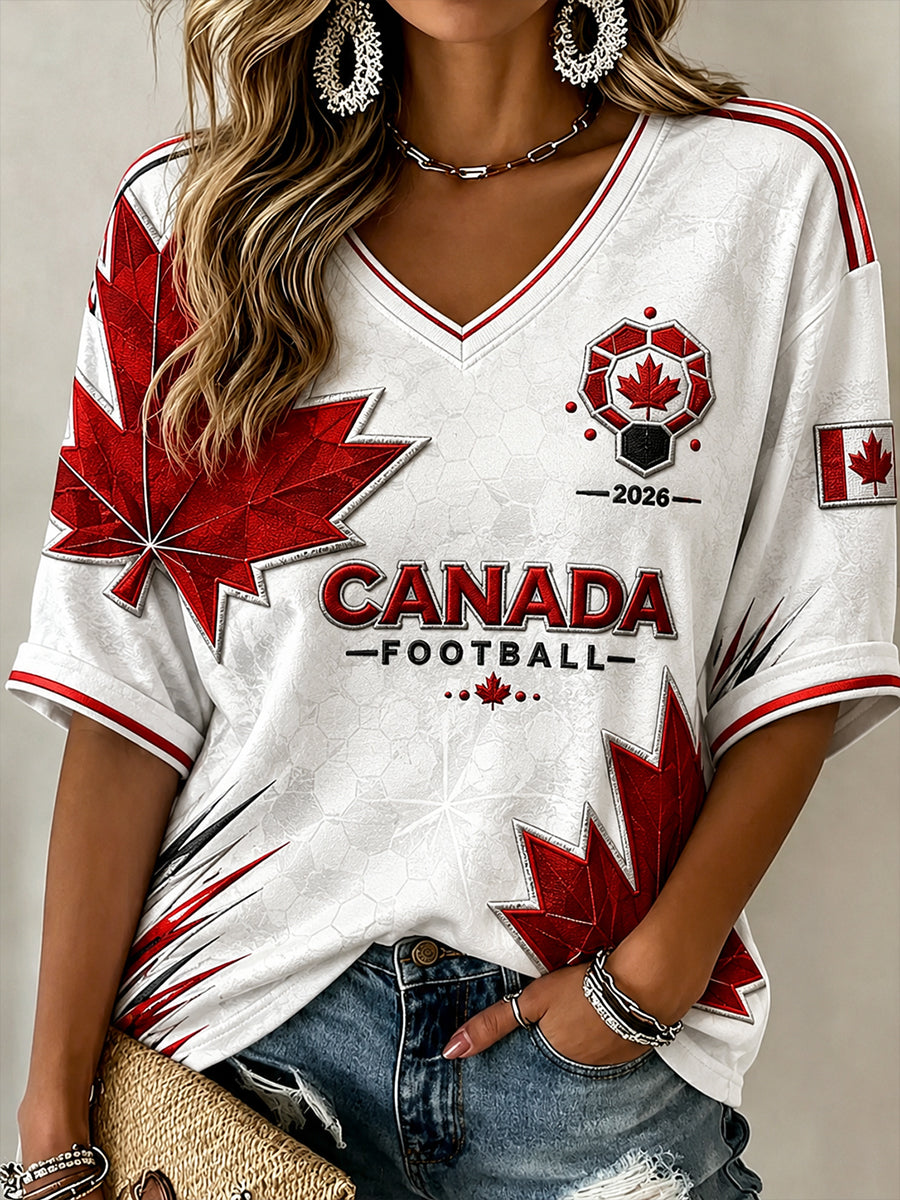 Women's Canada Football Pattern Linen V-Neck Shirt