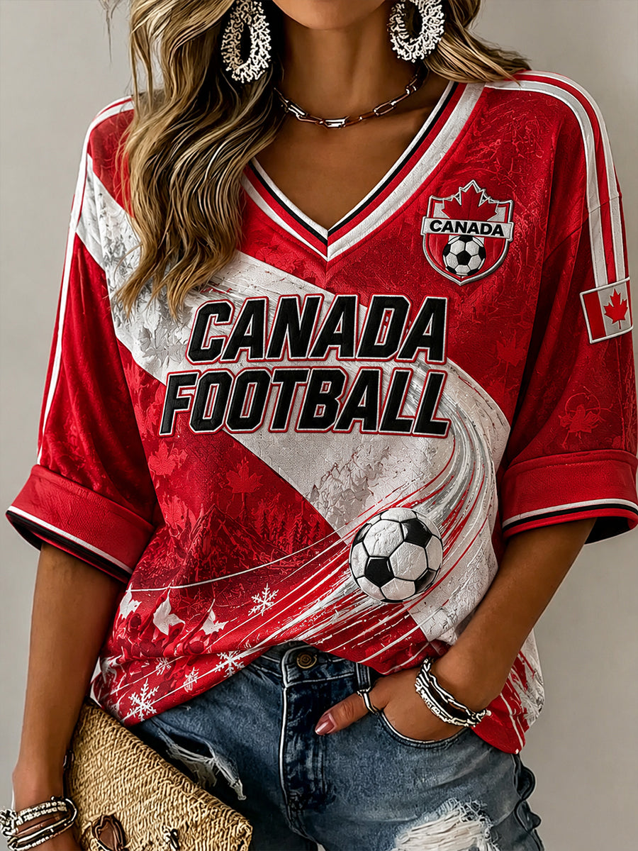 Women's Canada Football Pattern Linen V-Neck Shirt