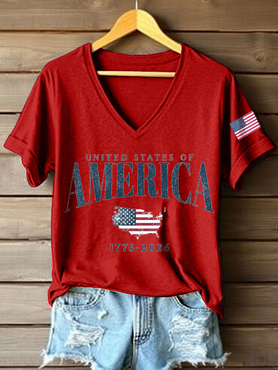 Women's USA 1776-2026 Print V-Neck T-Shirt