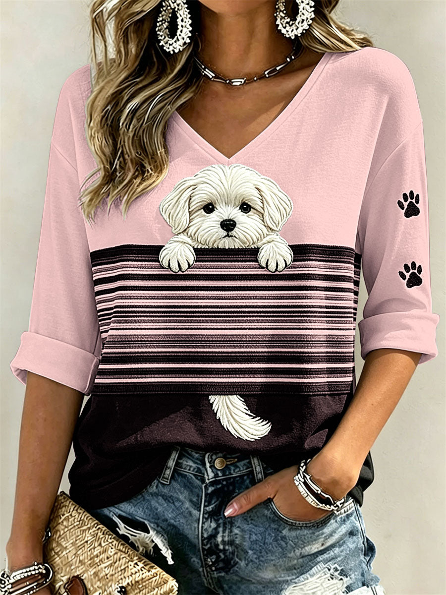 Women's Peeking Maltese Dog & Paw Prints Colorblock Print Mid-length Sleeves V-Neck T-Shirt
