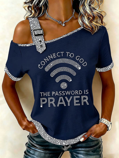 Women's "Connect To God,The Password IS Prayer" Off-the-Shoulder Short-Sleeve T-Shirt