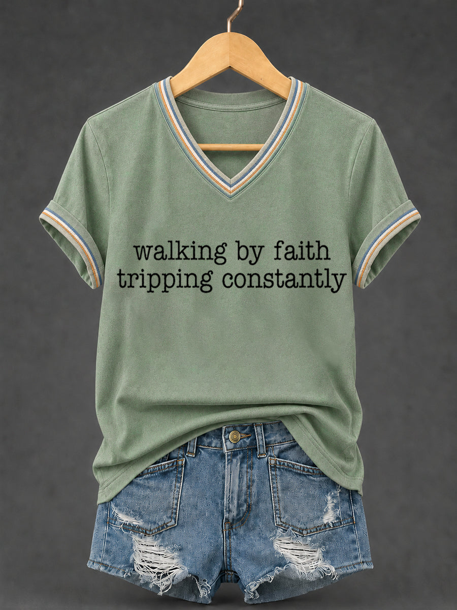 Women's Walking By Faith Tripping Constantly Print Christian Inspirational V-Neck Tee