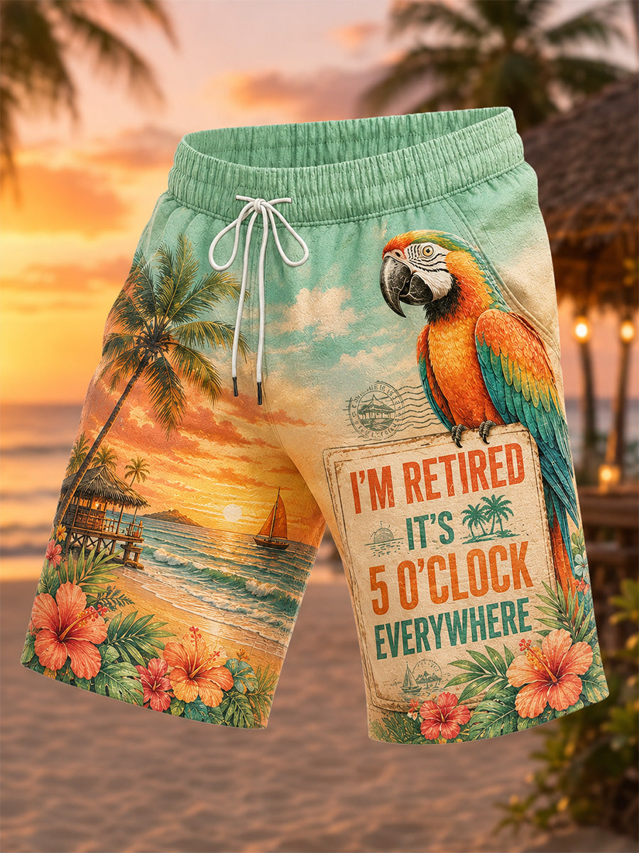 Men's I'm Retired It's 5 O'clock Everywhere Parrot Print Casual Shorts