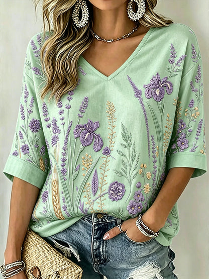 Women's Purple Plant Pattern Printed Mid-length Sleeves V-Neck T-Shirt