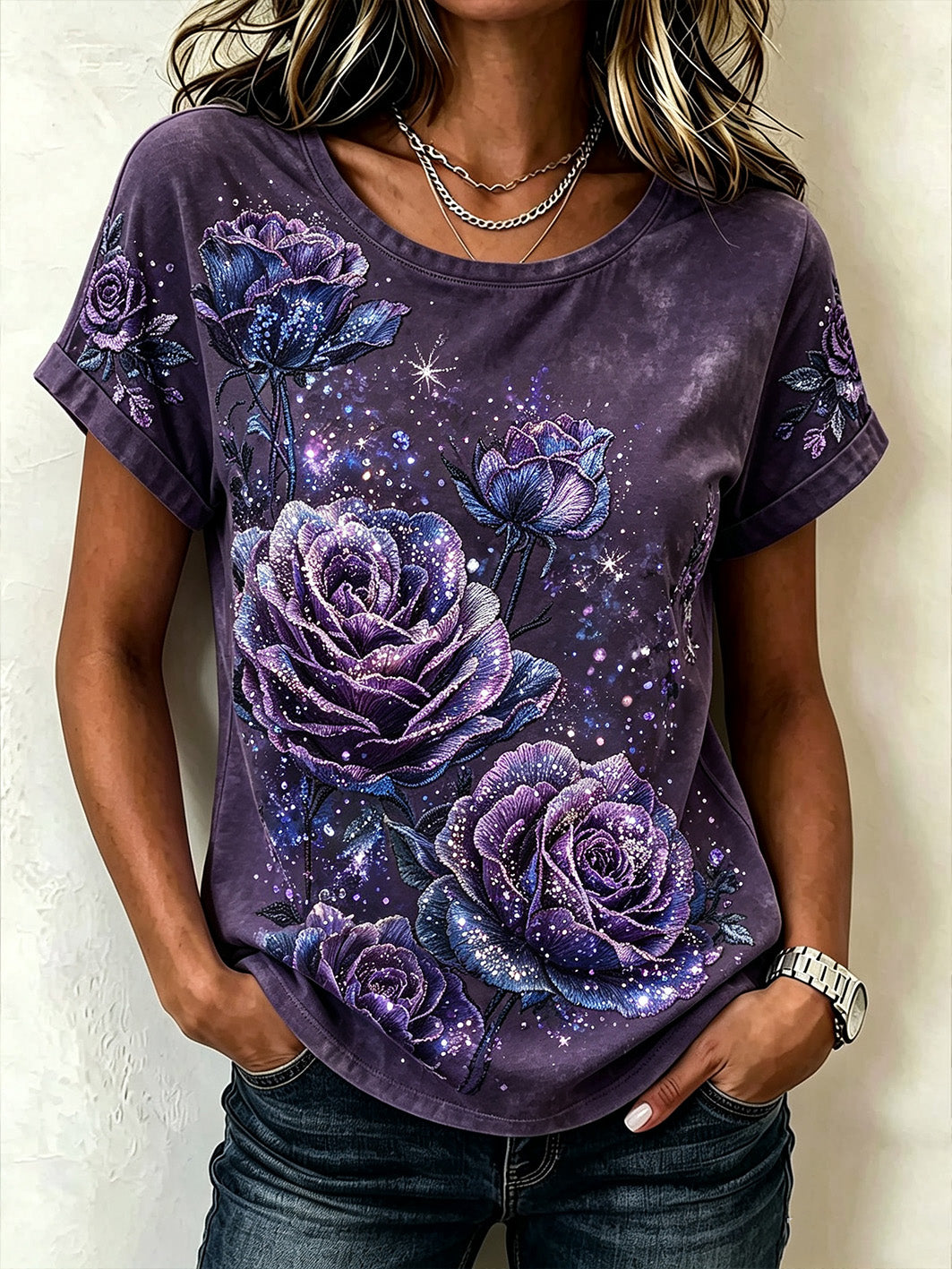 Women's purple flowers pattern printed short-sleeved T-shirt