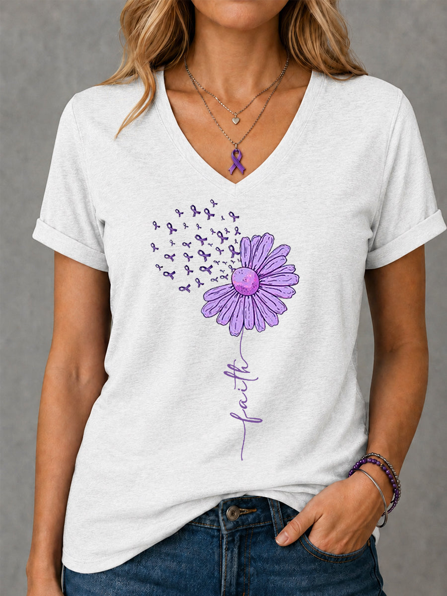 Women's Purple Ribbon Sunflower Faith Print Alzheimer's Awareness Support V-Neck Tee