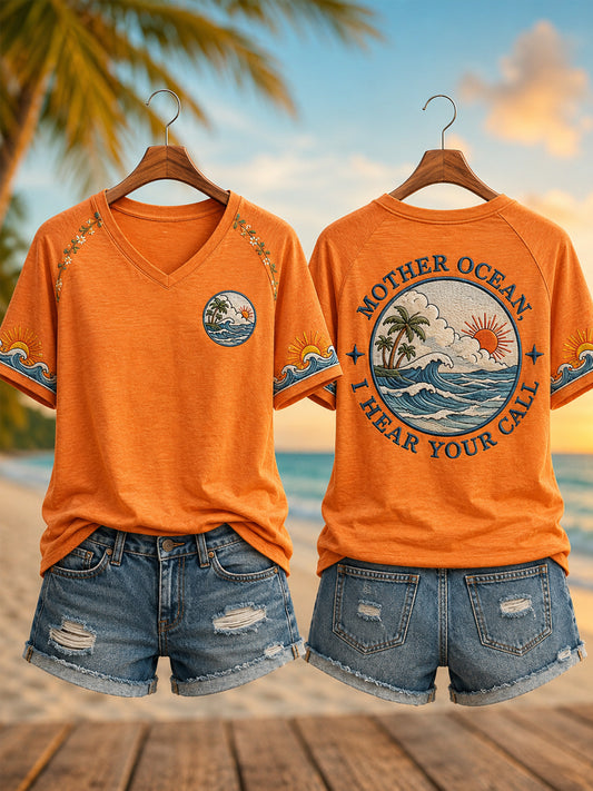 Women's Mother Ocean I Have Heard You Call  Print Casual V-Neck Tee